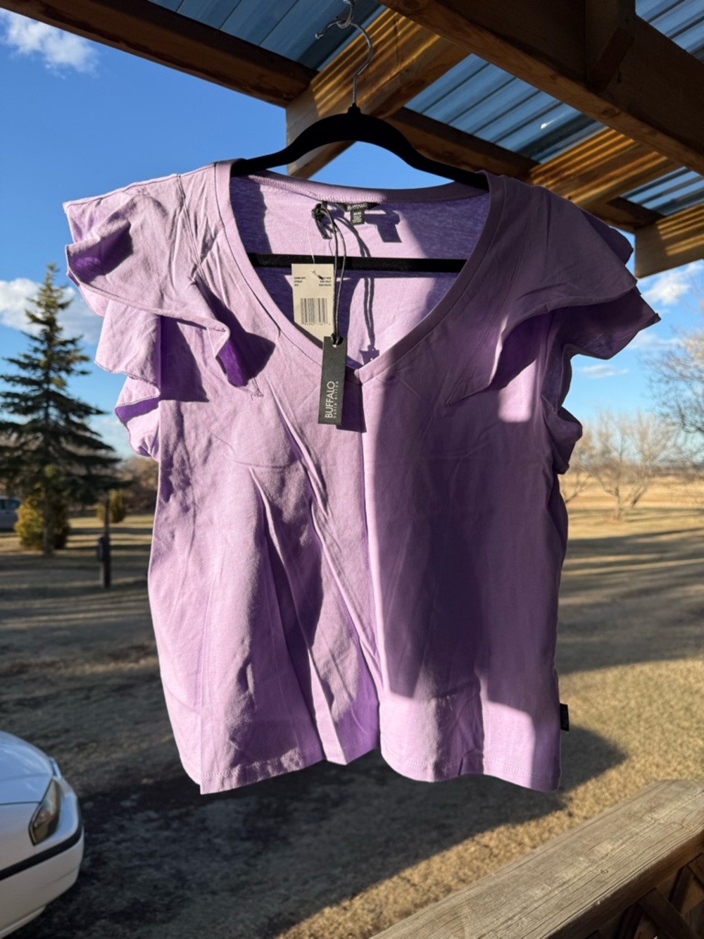 Buffalo David Bitton Lilac Ruffle Sleeve V-Neck Tee - Picture 2 of 9